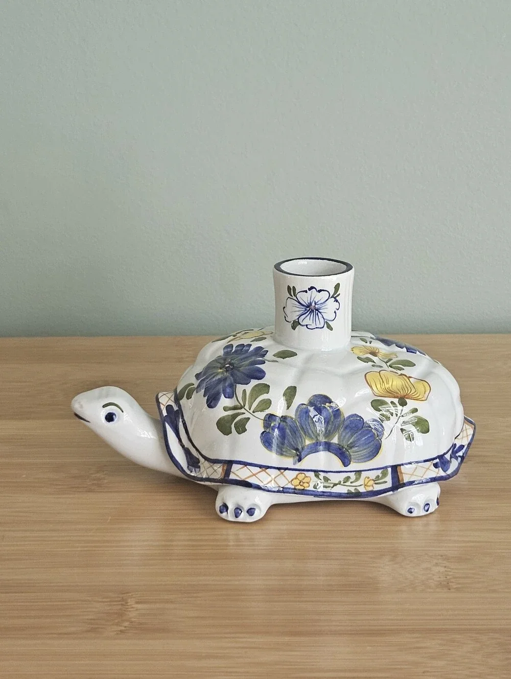 Made in Italy Hand Painted Ceramic Turtle Candle Holder Floral Glossy Finish VTG